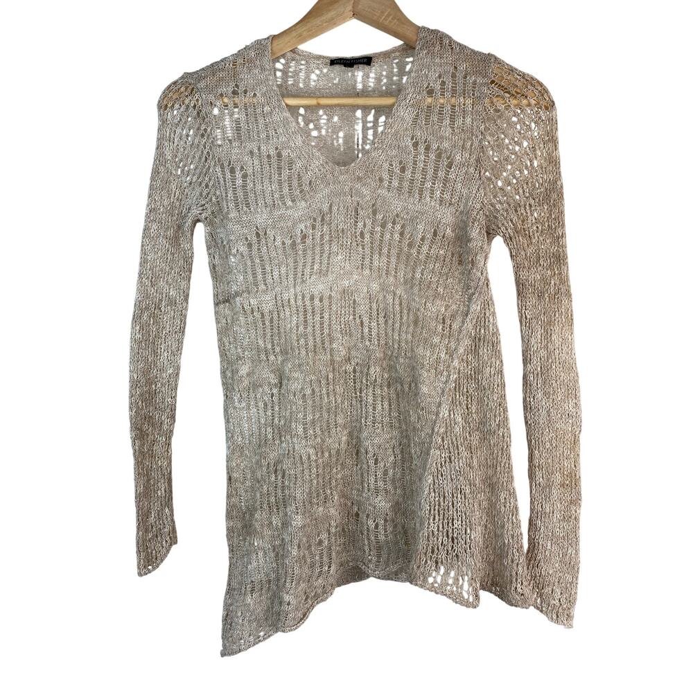 Eileen Fisher Women's XS Creamy Tan Lacy Open Knit Linen Blend Pullover Sweater*